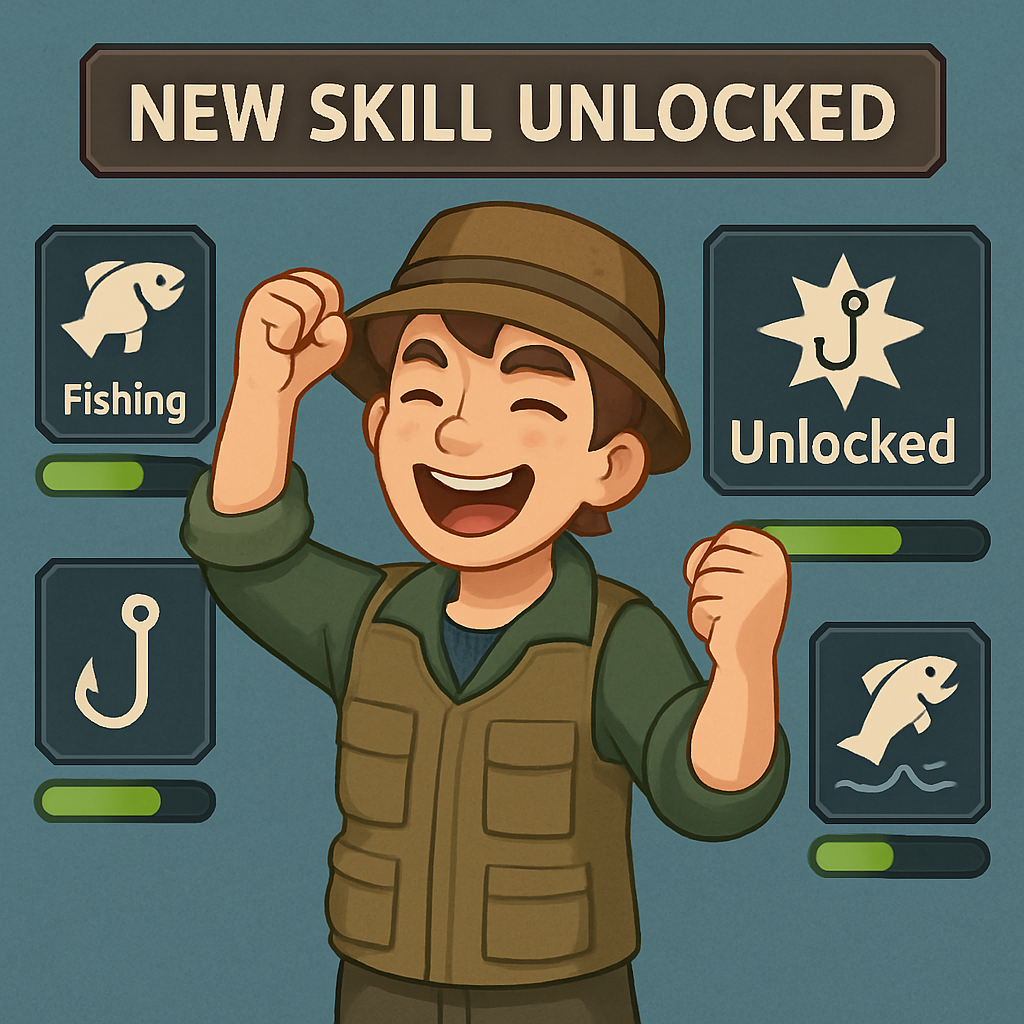 Player unlocking new skills in fishing