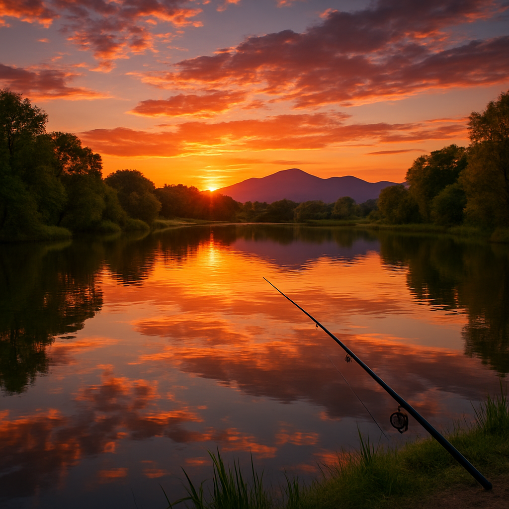 Beautiful fishing lake at sunset